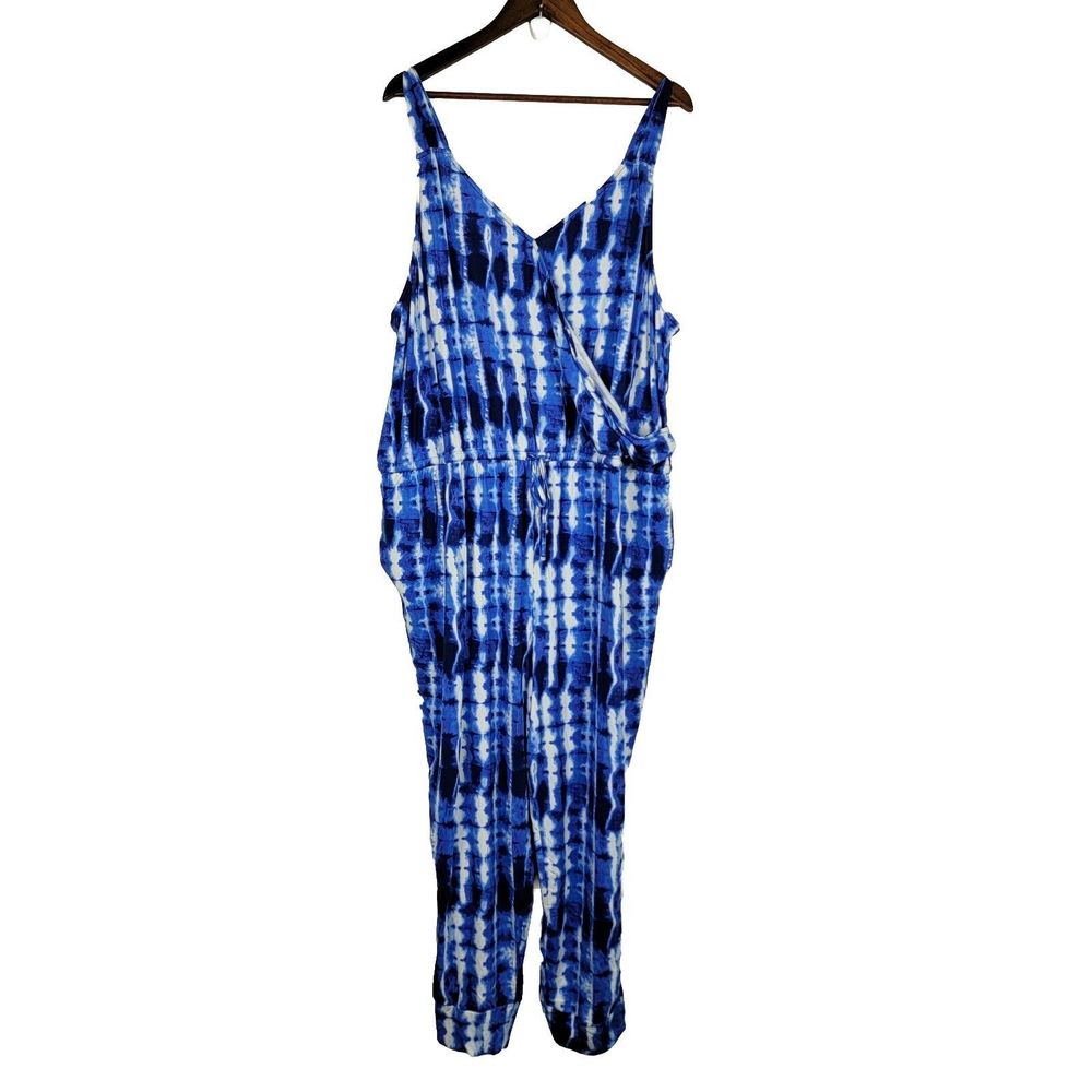 Skinnygirl Women's 3X Romper Jumpsuit Miranda Pantsuit Blue White Tie Dye NWOT